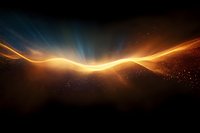 Glowing golden wave of light with sparkling particles against dark background creates dynamic energy flow effect with blue light beams and starry elements.