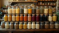 Glass jars filled with colorful grains, legumes, seeds and pasta arranged in rows on wooden shelves, showing zero waste bulk food storage in pantry organization.