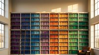 Modern library interior with colorful rainbow organized bookshelves from purple to green, natural sunlight streaming through large windows creating warm atmosphere.