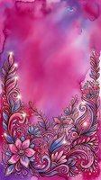 Vibrant pink and purple watercolor background with ornate floral border, glowing sparkles, and intricate swirling botanical details for cards or posters.