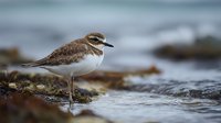 Small shorebird with distinctive markings standing on rocky coastline with ocean waves in background for wildlife and nature photography projects.