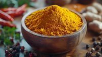 Vibrant yellow turmeric powder in wooden bowl with fresh ginger root, black peppercorns and red chili peppers on rustic wooden surface, macro food photography.