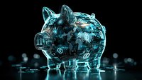 Digital hologram piggy bank with cryptocurrency symbols and world map texture glowing in cyan blue against dark background, financial technology concept.