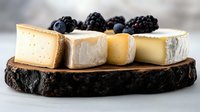 Fresh cheese assortment on rustic wooden board with ripe blackberries, featuring soft and aged varieties in natural lighting for gourmet food styling.