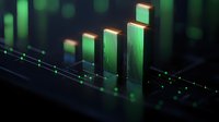 Glowing green bar chart visualization on dark background with illuminated data points and grid lines showing business growth and analytics trends.