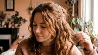 Young woman with curly brown hair in cozy sweater at home interior with plants and warm lighting for lifestyle and wellness content.