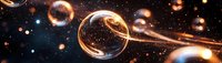 Glowing golden bubbles floating in cosmic dark space with light trails and sparkles creating magical atmosphere.