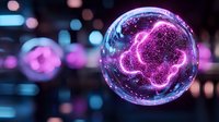 Glowing neon cloud shape inside glass sphere with sparkles and bokeh lights in purple and blue colors creating magical atmosphere for fantasy backgrounds.