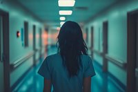 Asian female healthcare worker in scrubs walking down empty hospital corridor with dramatic teal lighting, rear view perspective creates moody atmospheric scene.