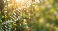 DNA double helix structure with green leaves growing from genetic code representing biotechnology, life sciences, and organic molecular biology research.