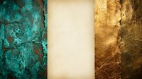 Weathered teal, cream, and gold textured vertical stripes with distressed patina surfaces, ideal for backgrounds, overlays, and design projects.