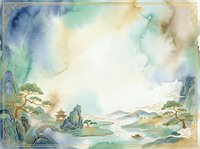 Watercolor Asian landscape with mountains, pagoda, and river in soft blue, green, and gold tones, featuring ornate border frame. Suitable for backgrounds, invitations, and design projects.