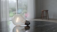 Glowing light bulb on dark surface with colorful heart-shaped bokeh lights in modern interior room. Creative inspiration and love concept for romantic decor.
