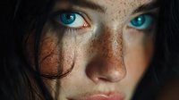 Young woman with striking blue eyes and freckled skin looking directly at camera with intense gaze and natural beauty for portrait photography projects.