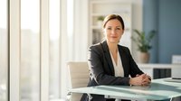 Professional businesswoman in dark suit sitting at modern office desk with confident smile and folded hands in bright corporate workspace.