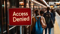 Red access denied sign in subway station with blurred commuters carrying backpacks walking on platform, focus on warning signage against defocused urban background.