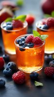 Fresh summer cocktail garnished with blueberries, raspberries and mint leaves on dark background. Bright orange drink with berries for restaurant menu.
