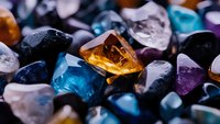 Colorful collection of raw gemstones and healing crystals including amethyst, citrine, and blue topaz in natural light showing texture and mineral formations.