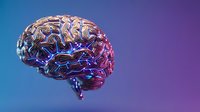 Digital brain with glowing neural networks on gradient background. Artificial intelligence, machine learning, neuroscience concept for technology presentations.