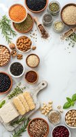 Variety of plant-based protein sources including legumes, nuts, seeds, quinoa, tofu and herbs arranged on white marble background for healthy cooking.