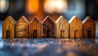 Miniature wooden houses in row with textured grain patterns and warm lighting create cozy neighborhood atmosphere. Decorative home decor on rustic surface.