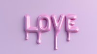 Dripping pink metallic word love on soft purple background, glossy liquid text effect with melting letters creates romantic mood for valentines designs.
