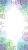 Abstract watercolor technology frame with circuit board patterns and binary code on white background for digital innovation presentations.
