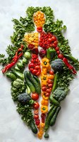 Fresh vegetables arranged in human body silhouette on white background. Colorful healthy eating concept featuring peppers, tomatoes, cucumbers, and leafy greens.