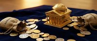 Golden miniature bank building surrounded by scattered coins and money bags on dark blue surface representing financial savings and investment concepts.