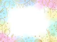 Pastel rainbow celebration frame with balloons, bunting flags, stars and confetti on white background for party invitations and festive designs.