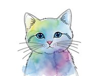 Adorable watercolor kitten with rainbow gradient fur and bright blue eyes on white background, isolated for design projects and creative artwork.