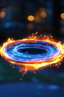 Swirling energy portal with blue and orange light trails creating circular motion against blurred bokeh background for digital art and fantasy designs.