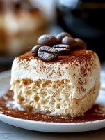 Creamy tiramisu dessert slice with mascarpone cheese, coffee beans, and cocoa powder dusting on white plate. Close-up macro shot shows airy texture and layers.