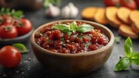 Homemade tomato sauce with fresh basil in wooden bowl surrounded by ripe tomatoes, garlic and herbs on dark slate surface for cooking and pasta dishes.