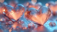 Glowing glass hearts with sparkling particles and warm bokeh lights creating romantic atmosphere for Valentine's Day and love concepts.