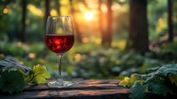 Glass of red wine in vineyard setting at sunset with grapevine leaves on rustic wooden surface. Golden sunlight creates romantic atmosphere through forest background.
