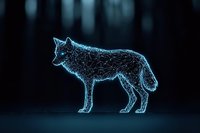Glowing blue geometric wolf silhouette made of connected lines and dots stands against dark background, creating futuristic constellation effect.