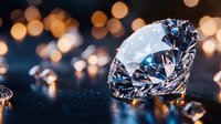 Brilliant diamond on dark surface with golden bokeh lights background, luxury jewelry macro photography showcasing sparkle and clarity in precious stone.