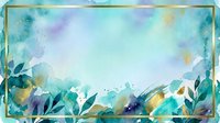 Watercolor botanical frame with soft turquoise, purple, and gold washes, featuring leafy foliage silhouettes along borders. Ideal for invitations, greeting cards, and design backgrounds.