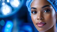 Young African American female medical professional wearing surgical cap against blue bokeh background, confident expression and glowing skin.