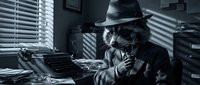 Anthropomorphic raccoon detective wearing fedora hat sitting at desk with typewriter in noir-style office with venetian blinds, suited for crime fiction, mystery storytelling, and vintage detective themes.