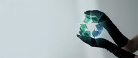 Hands holding glowing recycling symbol against white background, representing environmental sustainability, green energy, and eco-friendly practices for corporate responsibility campaigns.