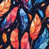 Vibrant seamless pattern featuring colorful feathers in orange, blue, and pink tones floating on dark background with scattered dots, perfect for fabric, wallpaper and gift wrap designs.