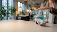 Professional businesswoman presenting holographic financial data analytics dashboard with charts and graphs in modern office environment for corporate presentations.