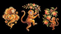 Playful monkey character in three poses holding fruit branches, isolated on transparent background, ready for t-shirt design, clipart, stickers, and print-on-demand products.