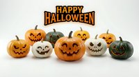 Carved jack-o-lantern pumpkins with happy and spooky faces arranged in a row with Happy Halloween text above on white background for seasonal decorations and holiday designs.