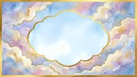 Watercolor sky background with pastel clouds and gold frame, soft blue, pink, and purple tones, copy space for text or design.