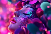 Artistic close up of face with glitter makeup and pink petals, dreamy neon lighting creates magical atmosphere for beauty and fashion concepts.