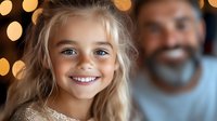 Young girl with bright smile and blue eyes against blurred bokeh lights background, with adult male figure in soft focus. Warm and genuine emotional moment.
