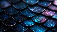 Shimmering dragon-like scales in vibrant blue, turquoise and purple with glitter effect create mesmerizing pattern. Macro photography reveals intricate texture and magical glow.